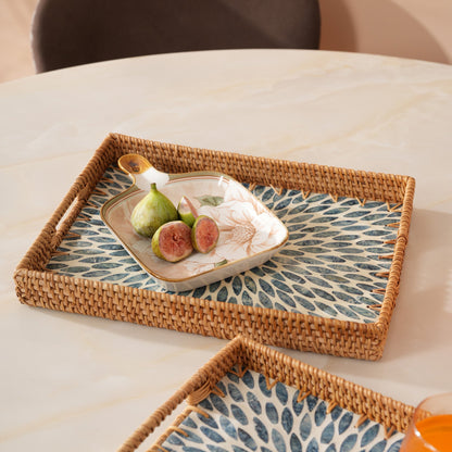 Rectangular Stone Art Tray with Blue Petal - Medium