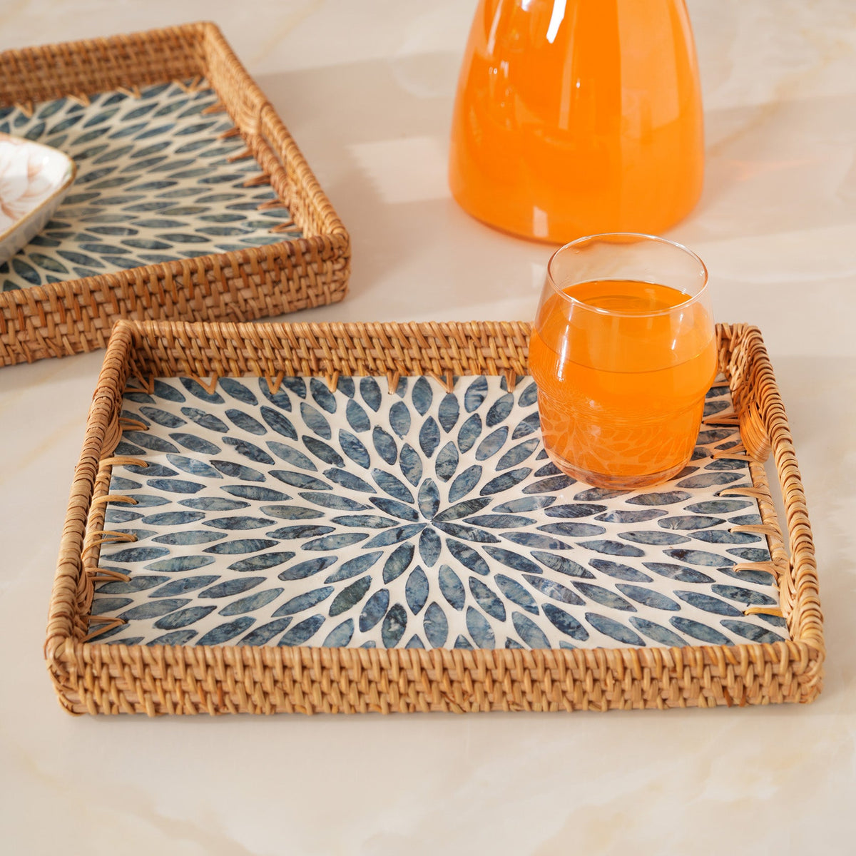 Rectangular Stone Art Tray with Blue Petal - Medium