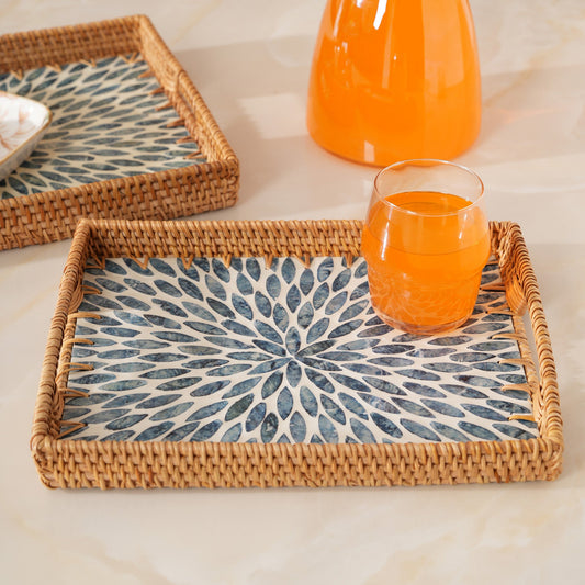Rectangular Stone Art Tray with Blue Petal - Large