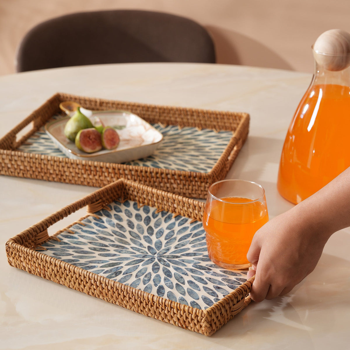 Rectangular Stone Art Tray with Blue Petal - Large