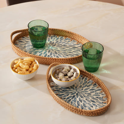 Oval Stone Art Tray with Blue Petal - Medium
