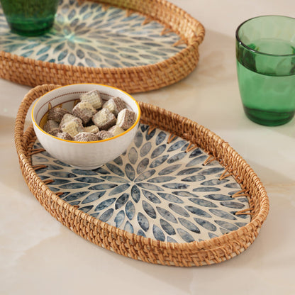 Oval Stone Art Tray with Blue Petal - Large