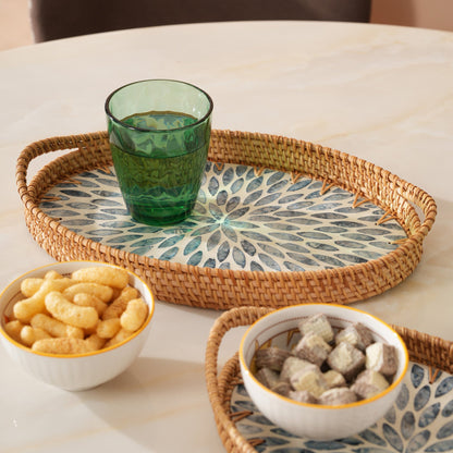 Oval Stone Art Tray with Blue Petal - Medium