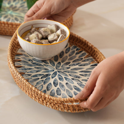 Oval Stone Art Tray with Blue Petal - Large