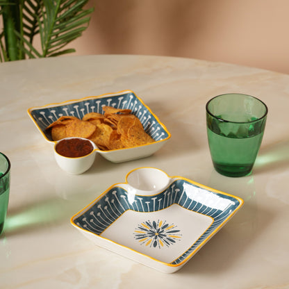 Navy & Yellow Scalloped Edge Snack Platter with Dip Bowl