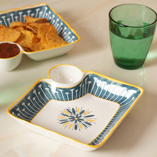 Navy & Yellow Scalloped Edge Snack Platter with Dip Bowl