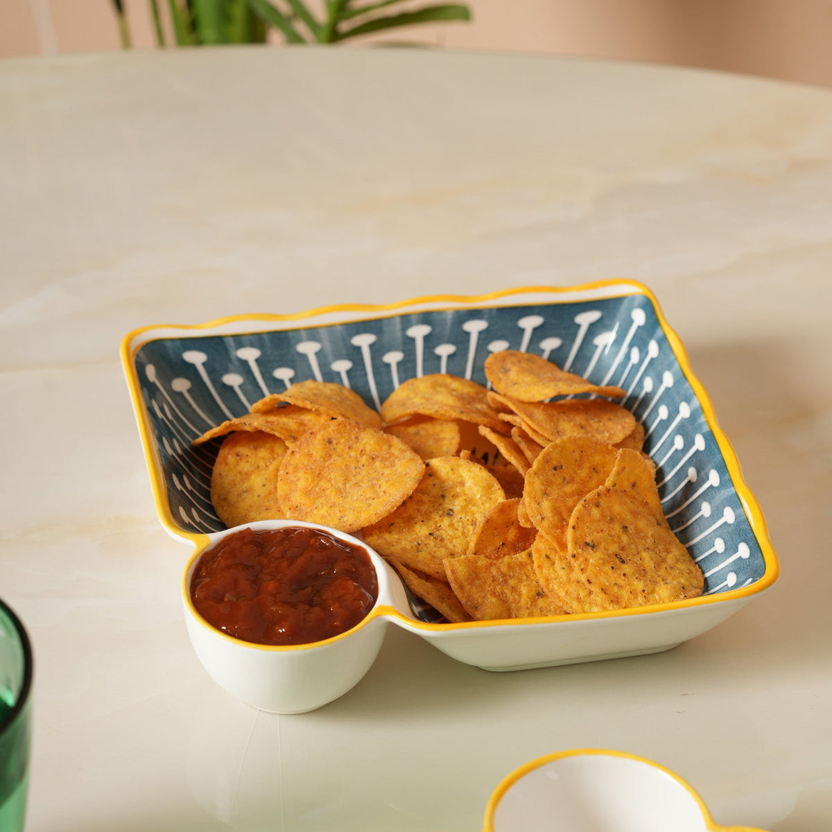Navy & Yellow Scalloped Edge Snack Platter with Dip Bowl
