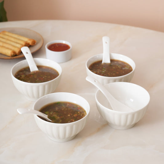 Ribbed Soup Bowls with Spoons: Set of 4