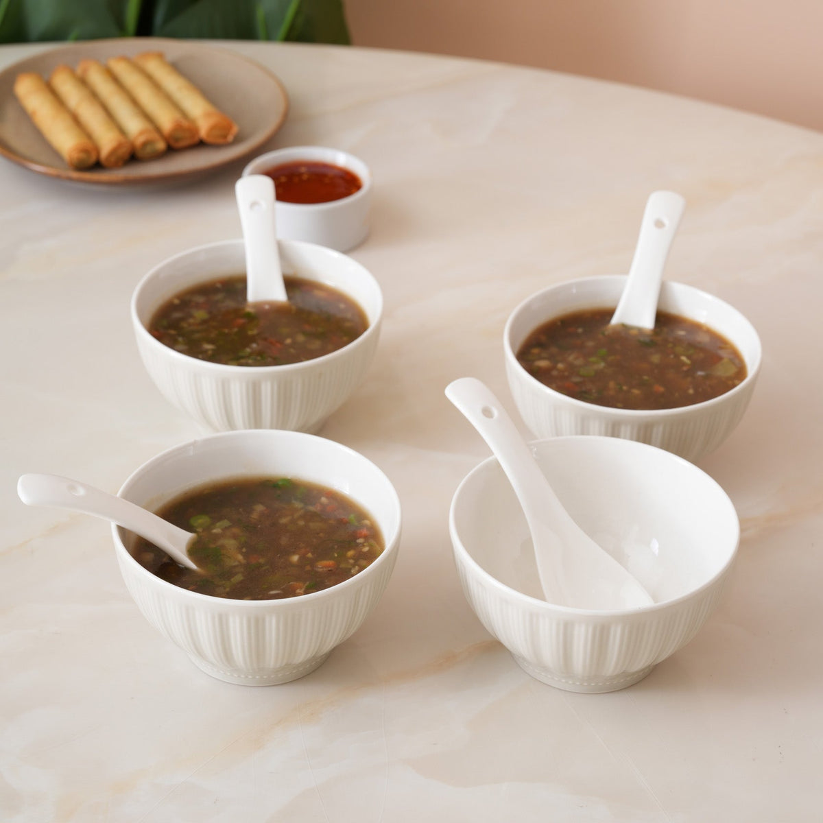 Ribbed Soup Bowls with Spoons: Set of 4