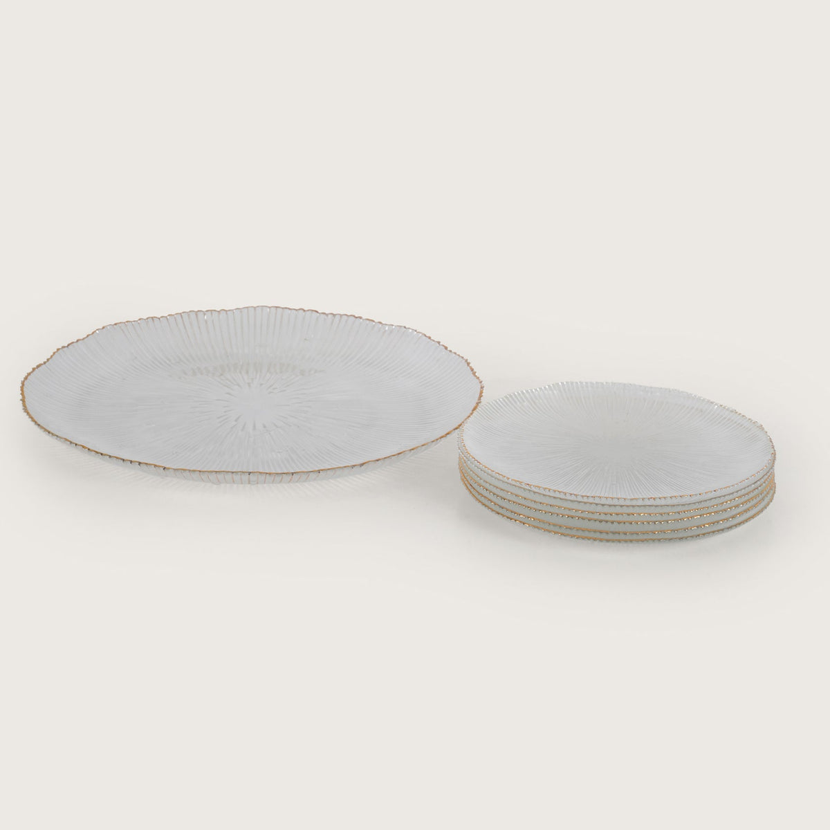 Scalloped Glass Platter + 6 Quarter Plates Set