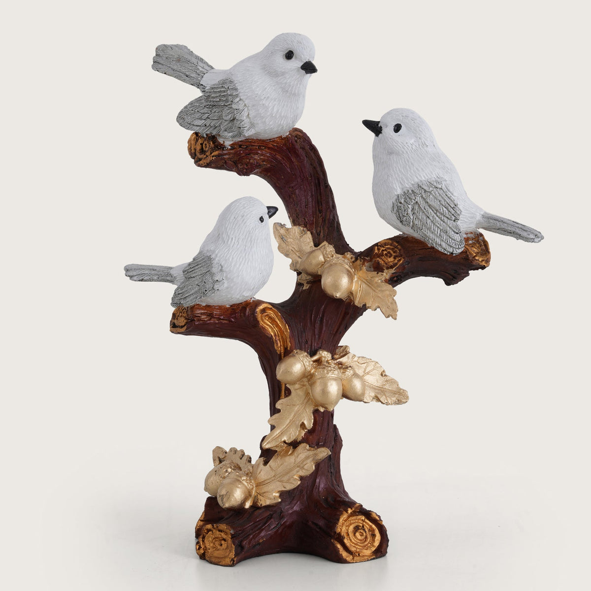Trio of Rustic Birds on Gilded Branch - White