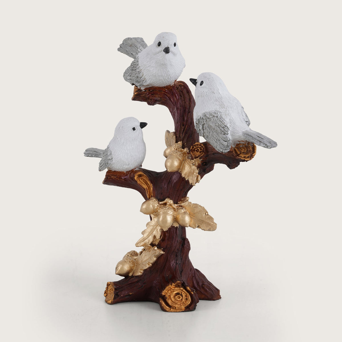 Trio of Rustic Birds on Gilded Branch - White