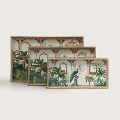 Printed Mor Pankh Tray - Set of 3