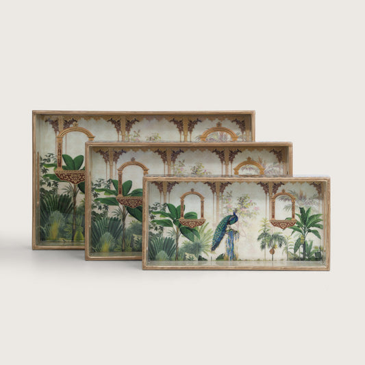 Printed Mor Pankh Tray - Set of 3