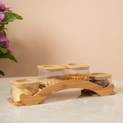 Ribbed Jars With Bridge Arc Stand - Set of 5