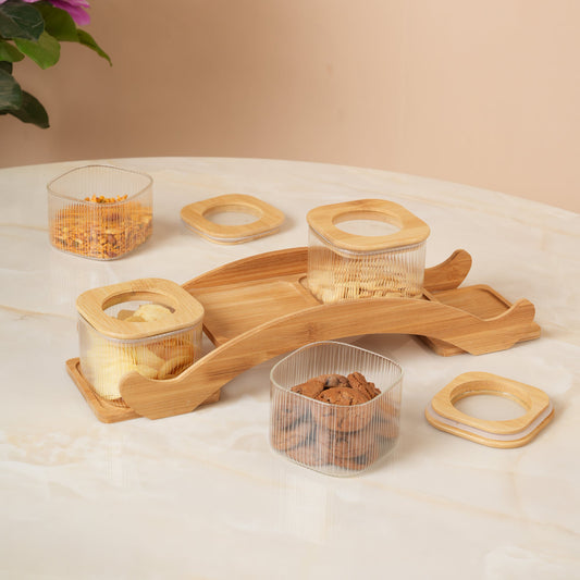 Ribbed Jars With Bridge Arc Stand - Set of 5