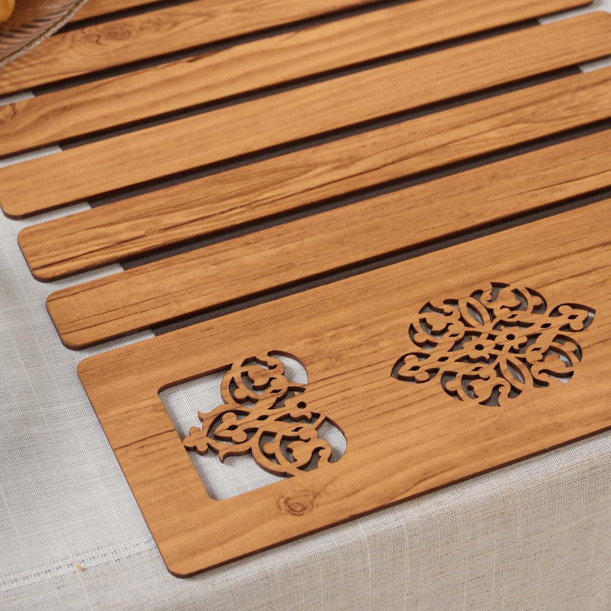 Slat Table Runner with Laser-Cut Medallions 14*36 Inches