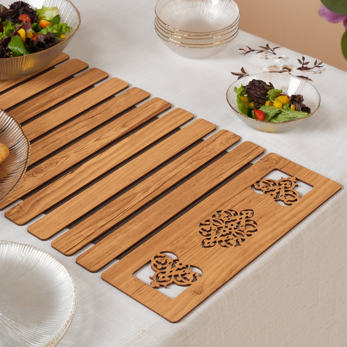 Slat Table Runner with Laser-Cut Medallions 14X 72 Inches