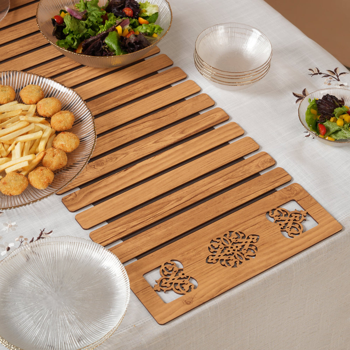 Slat Table Runner with Laser-Cut Medallions 14X 72 Inches