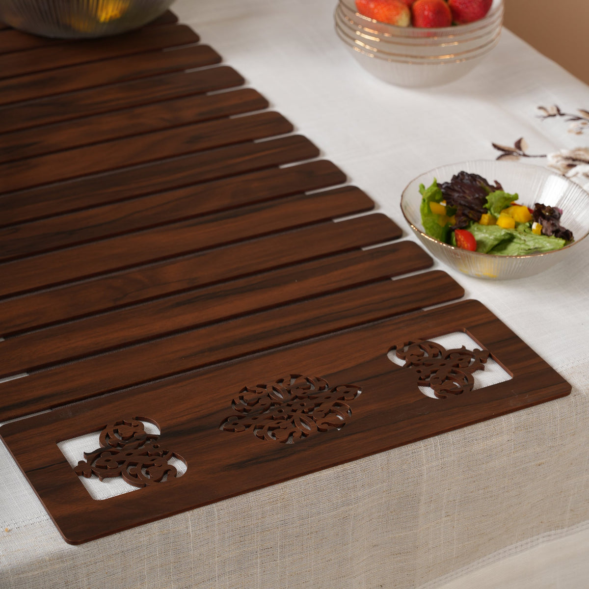 Slat Table Runner with Laser-Cut Medallions 14X 72 Inches
