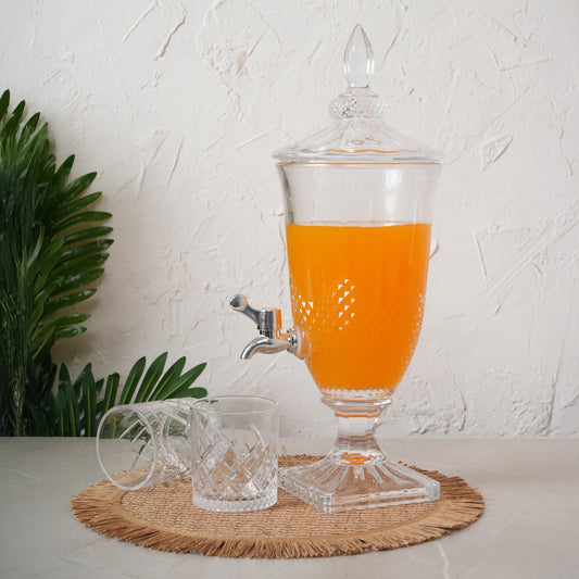 Beverage Glass Dispenser 2000ML with Glass Tumblers 350ML Set of 6 | Diamond