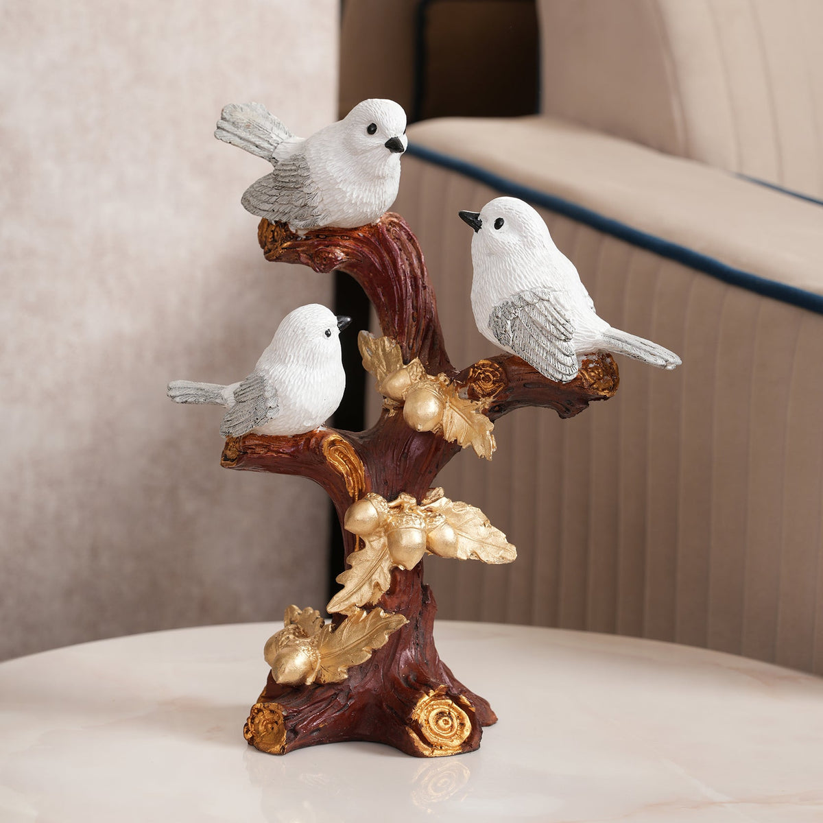Trio of Rustic Birds on Gilded Branch - White