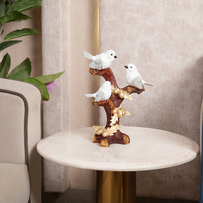 Trio of Rustic Birds on Gilded Branch - White