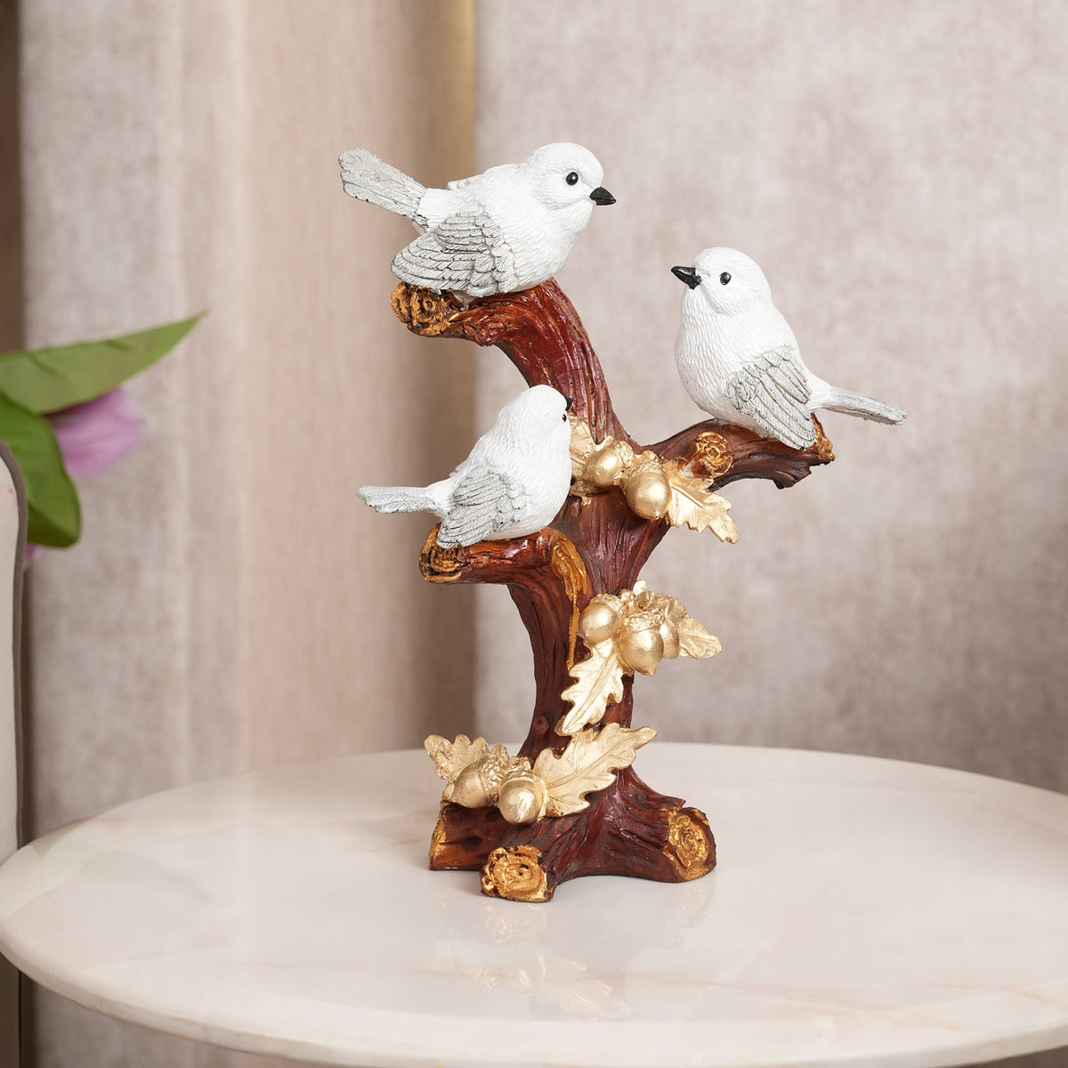 Trio of Rustic Birds on Gilded Branch - White