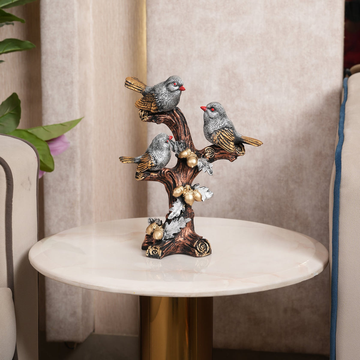 Trio of Rustic Birds on Gilded Branch - Silver
