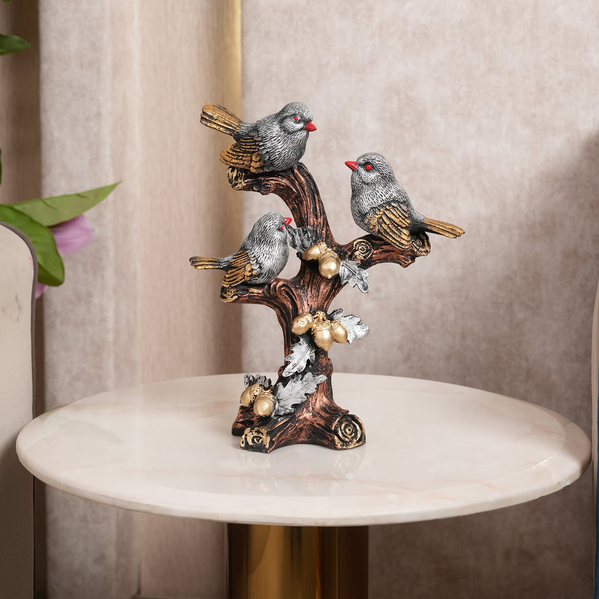 Trio of Rustic Birds on Gilded Branch - Silver