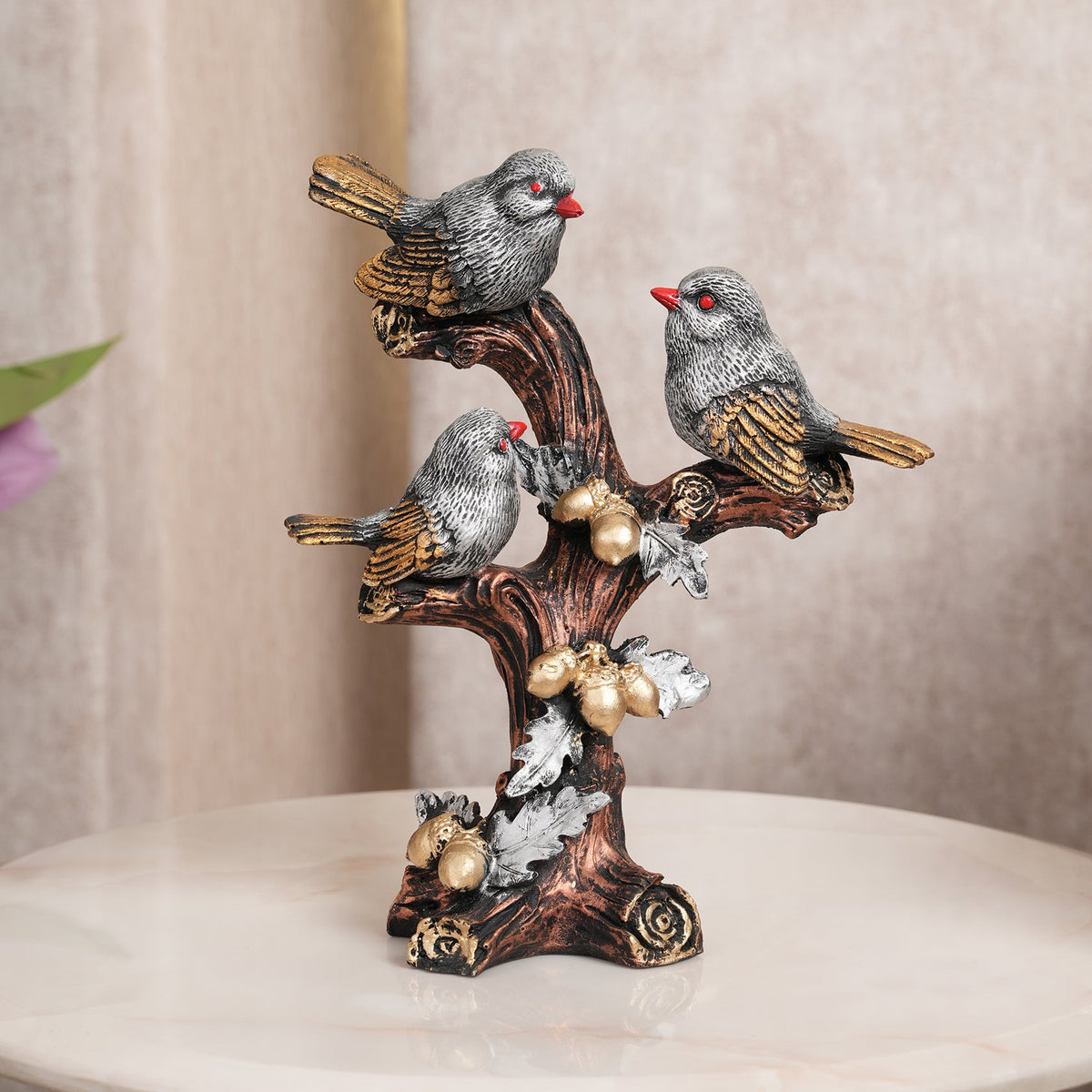 Trio of Rustic Birds on Gilded Branch - Silver