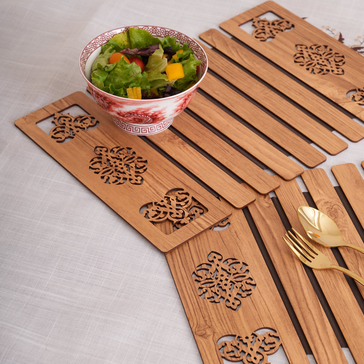 Oak-Tone Slat Placemats with Laser-Cut Medallions