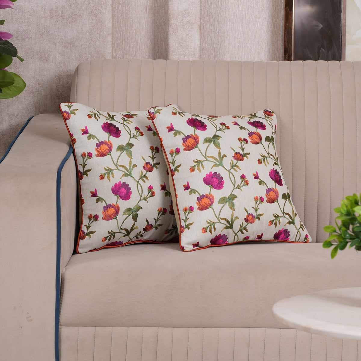 Embroidered Floral Vine Cushion Cover