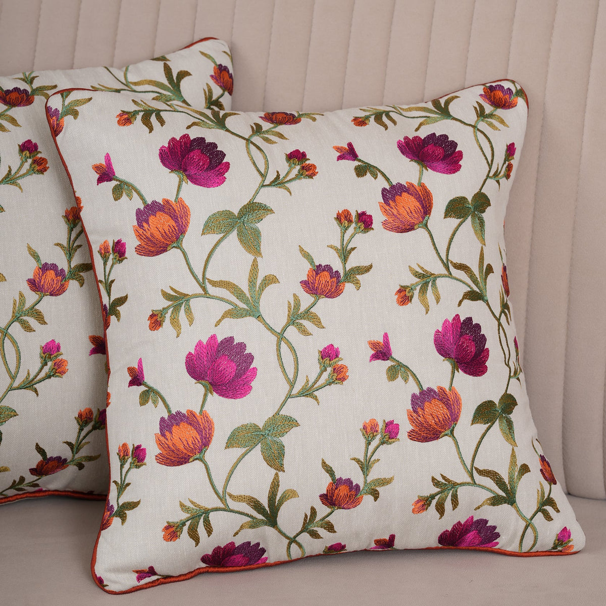 Embroidered Floral Vine Cushion Cover