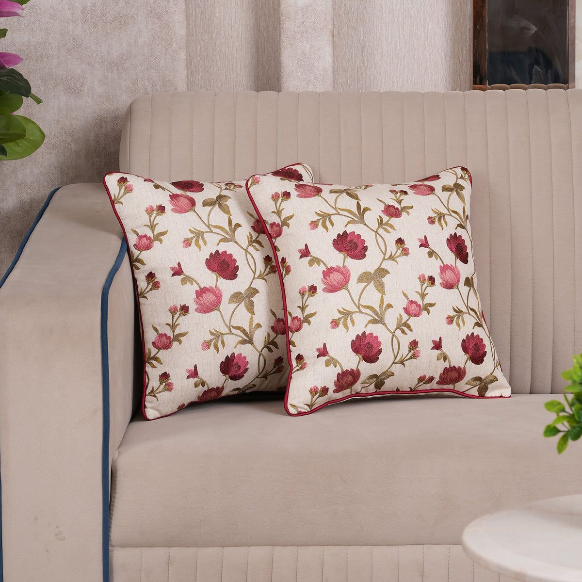 Embroidered Floral Vine Cushion Cover