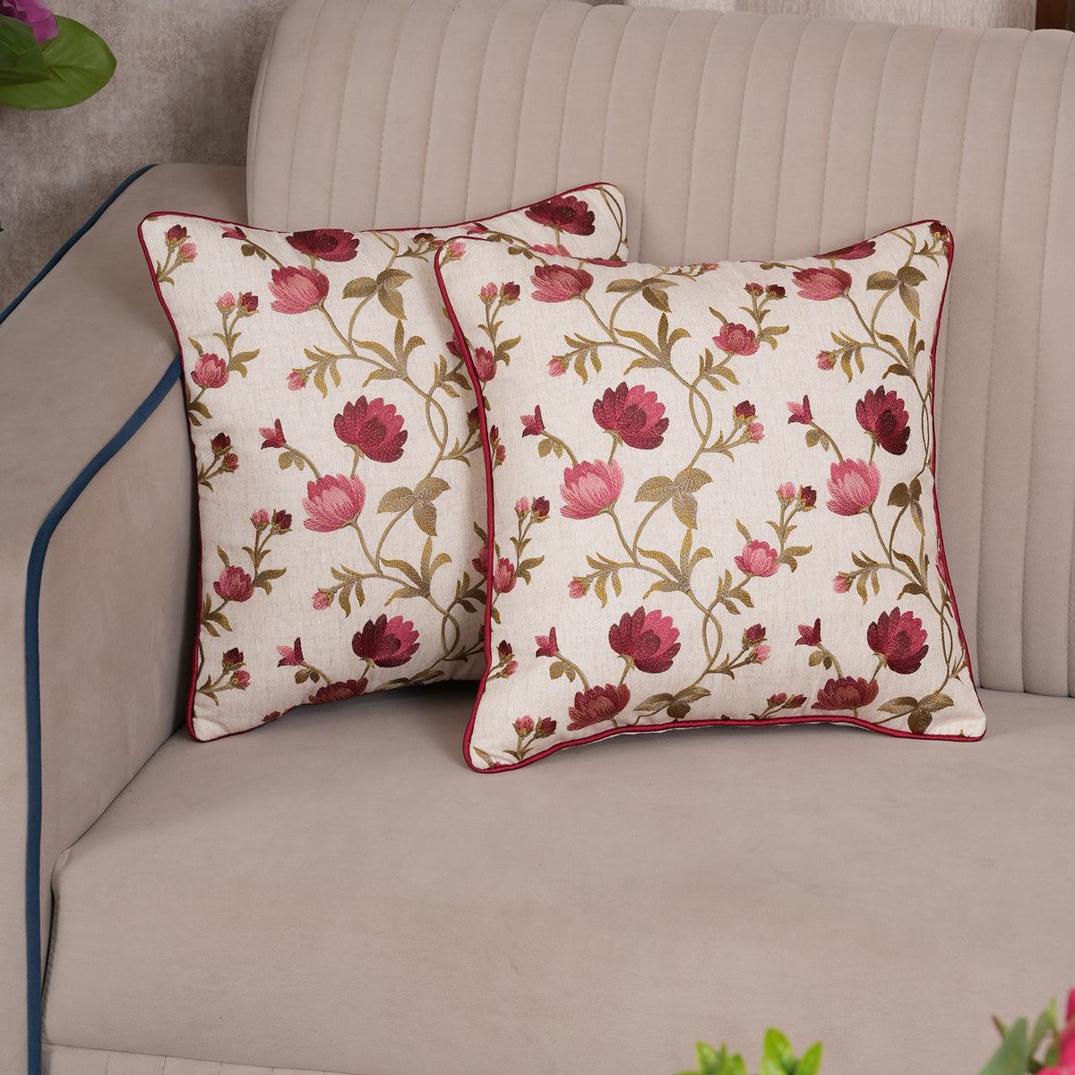 Embroidered Floral Vine Cushion Cover