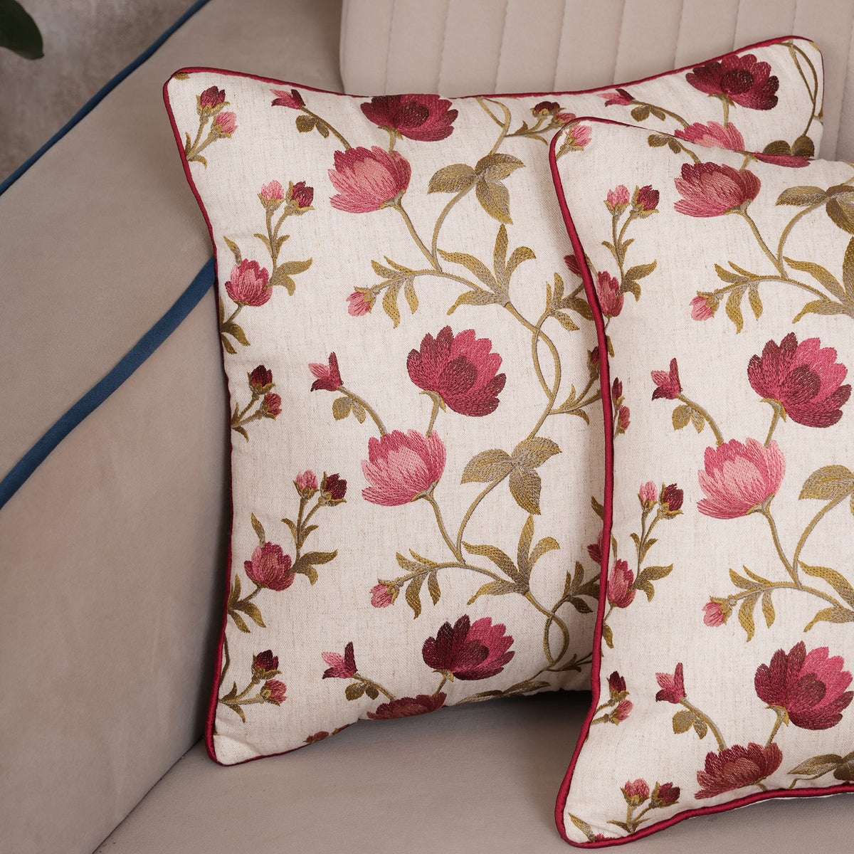 Embroidered Floral Vine Cushion Cover
