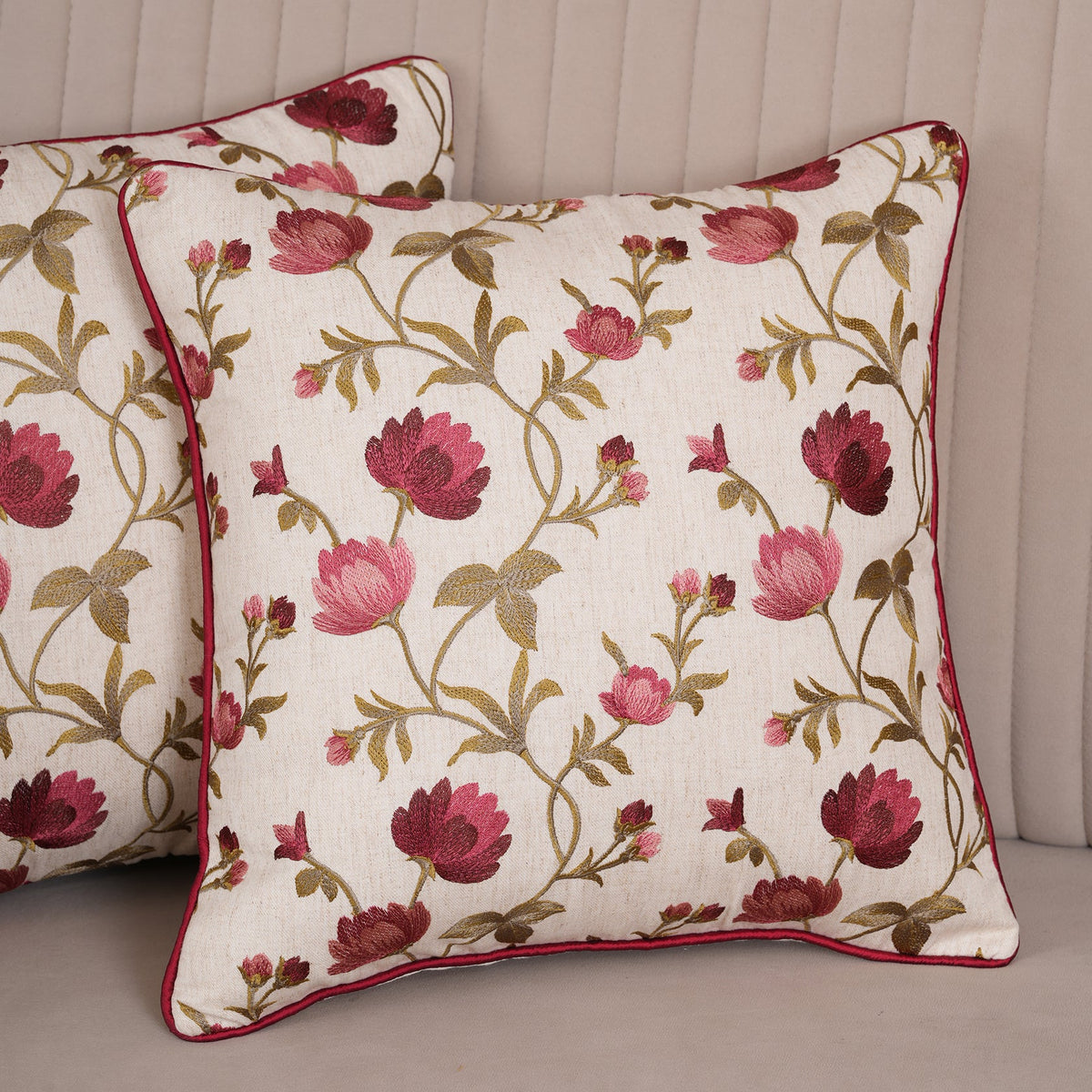 Embroidered Floral Vine Cushion Cover