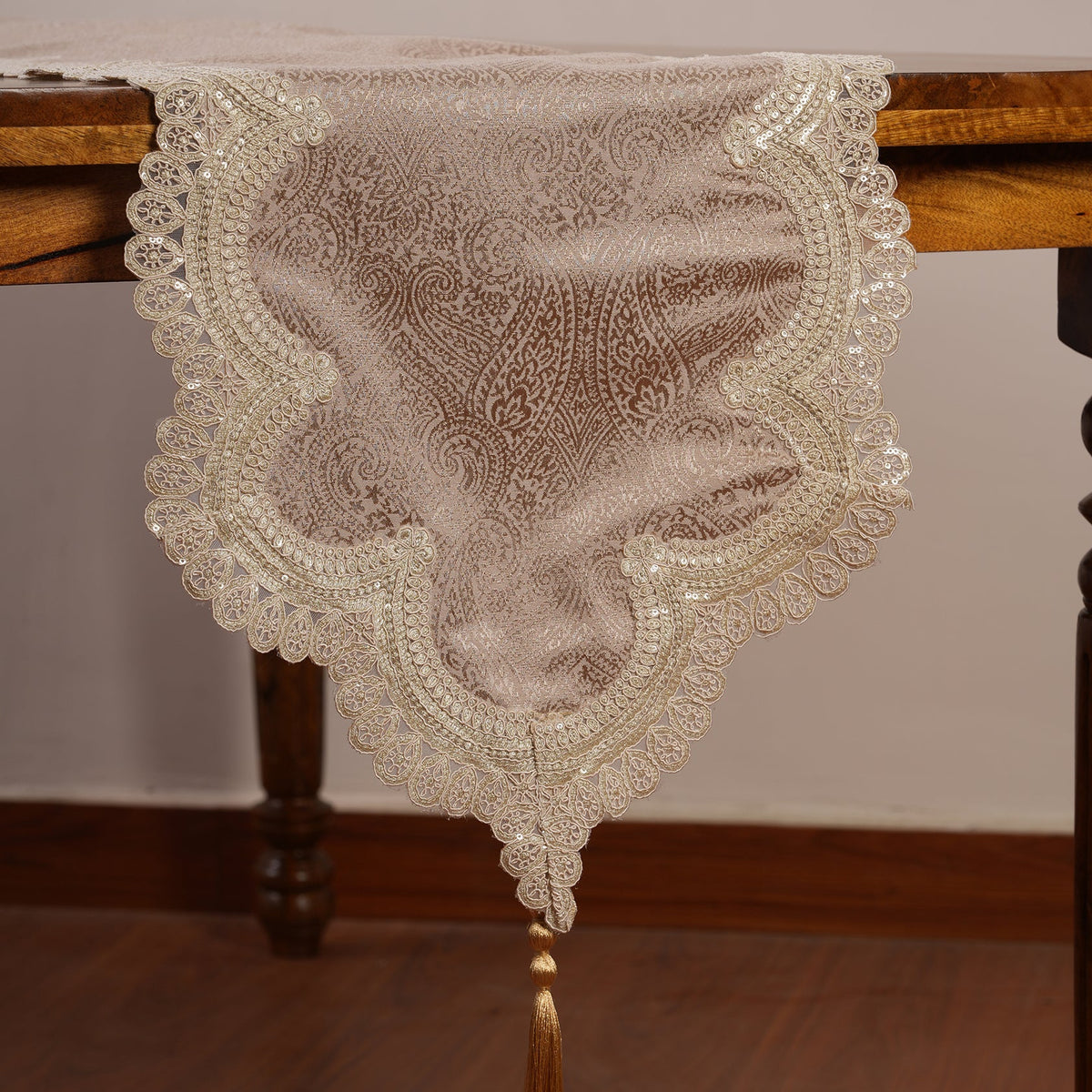 Jacquard Table Runner with Ornate Lace Trim