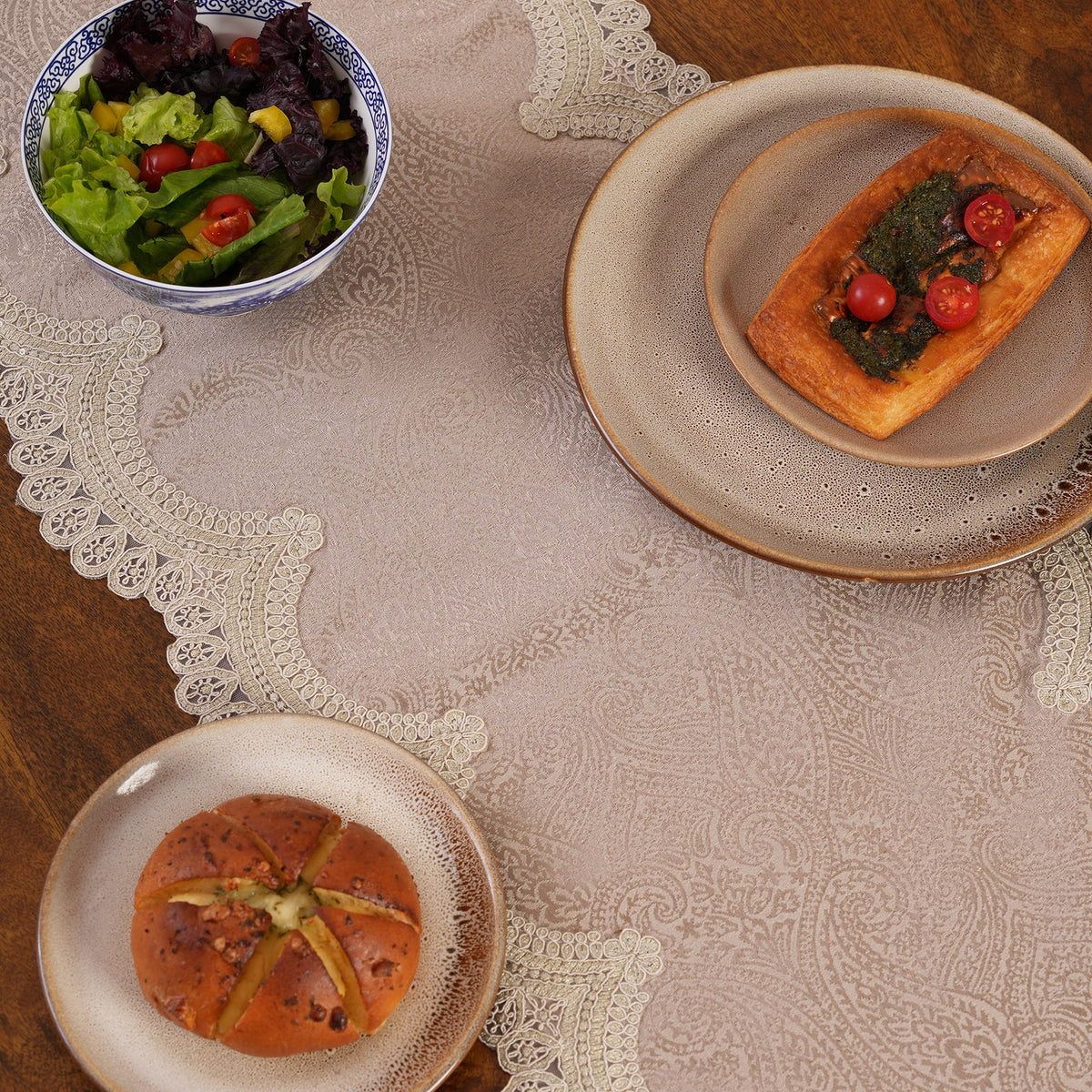 Jacquard Table Runner with Ornate Lace Trim