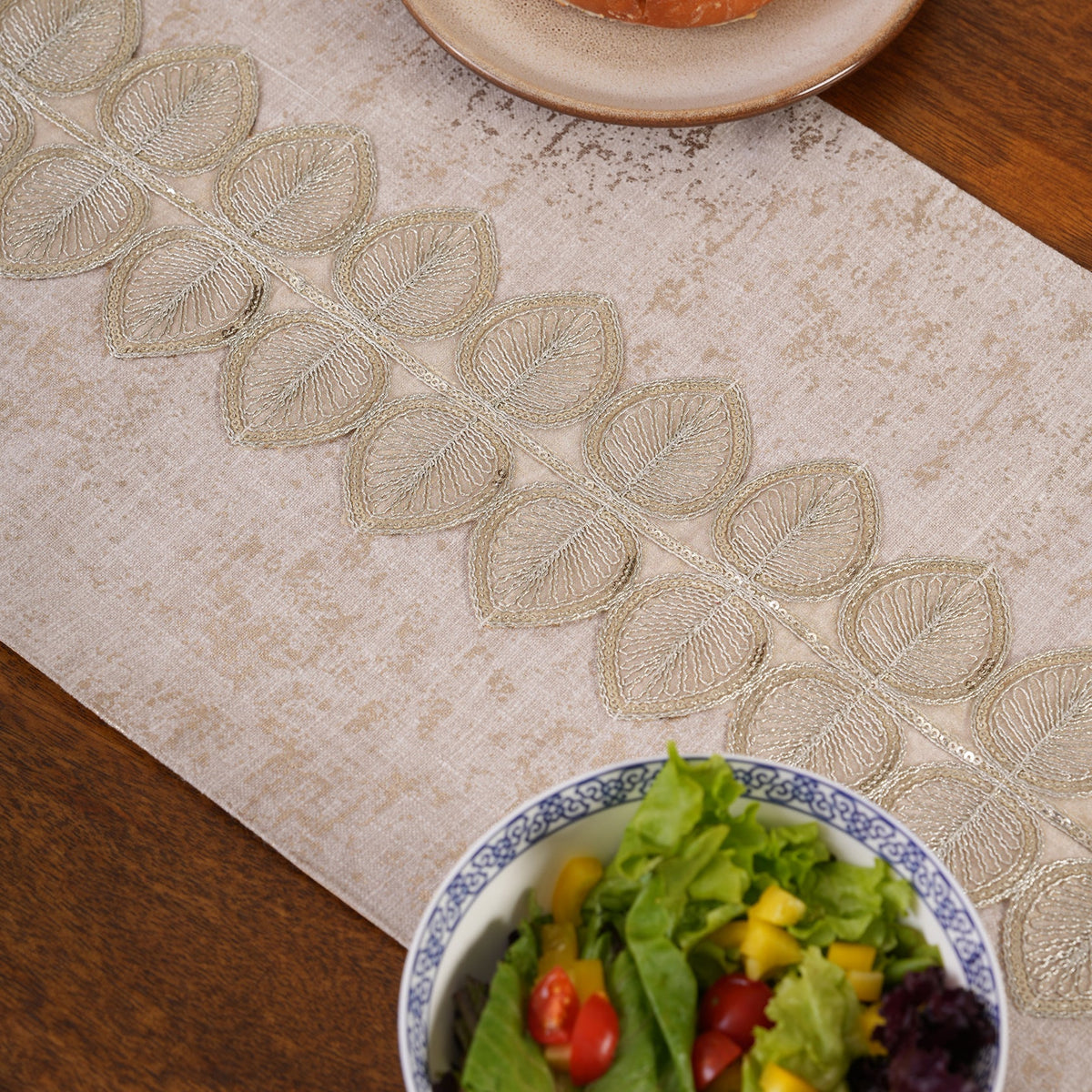 Embroidered Leaf-Vine Table Runner