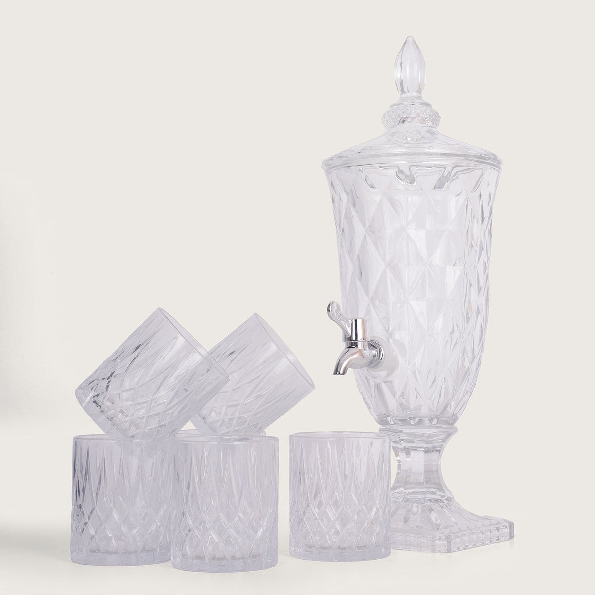 Glass Beverage Dispenser 2Litter With Glass Tumbler 340ML Set of 6