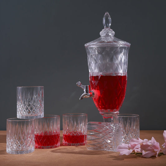 Glass Beverage Dispenser 2Litter With Glass Tumbler 340ML Set of 6