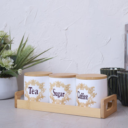 Coffee, Sugar & Tea Jar 850ML with Bamboo Lid & Tray Set of 3