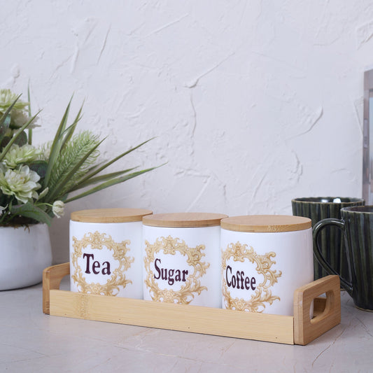 Coffee, Sugar & Tea Jar 850ML with Bamboo Lid & Tray Set of 3