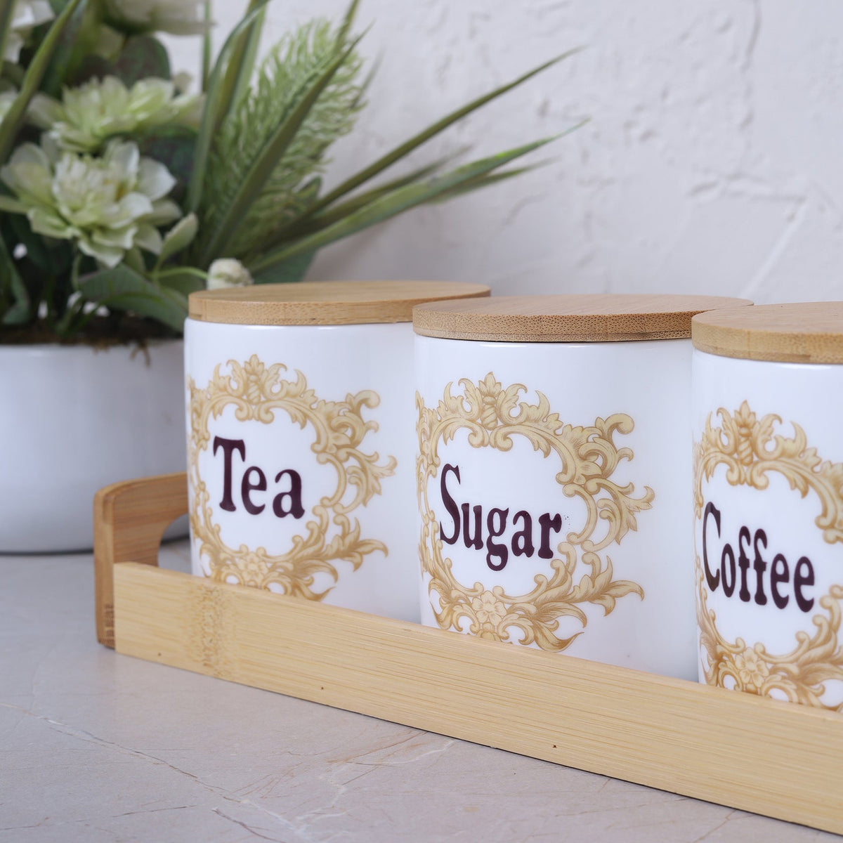 Coffee, Sugar & Tea Jar 850ML with Bamboo Lid & Tray Set of 3
