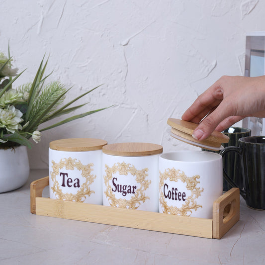 Coffee, Sugar & Tea Jar 850ML with Bamboo Lid & Tray Set of 3