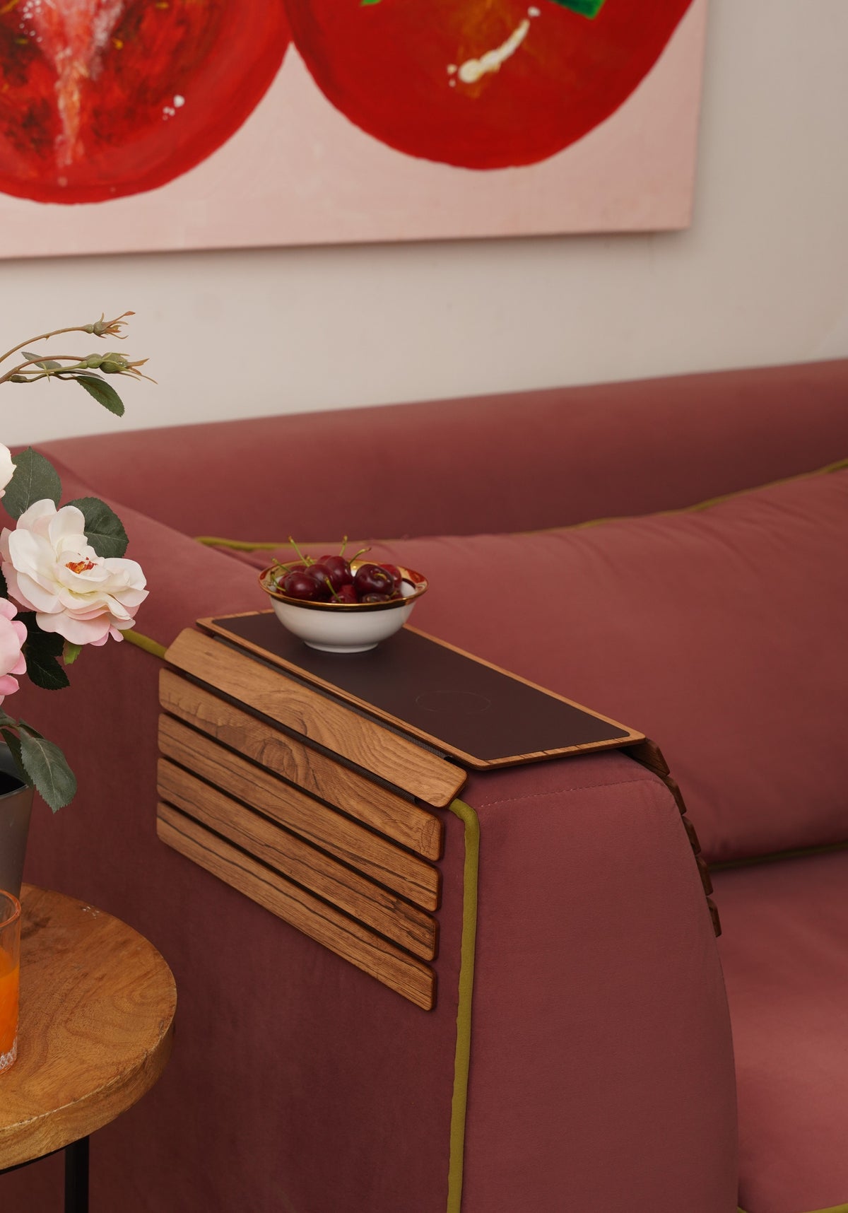 Sofa Armrest Tray Oak & Brown