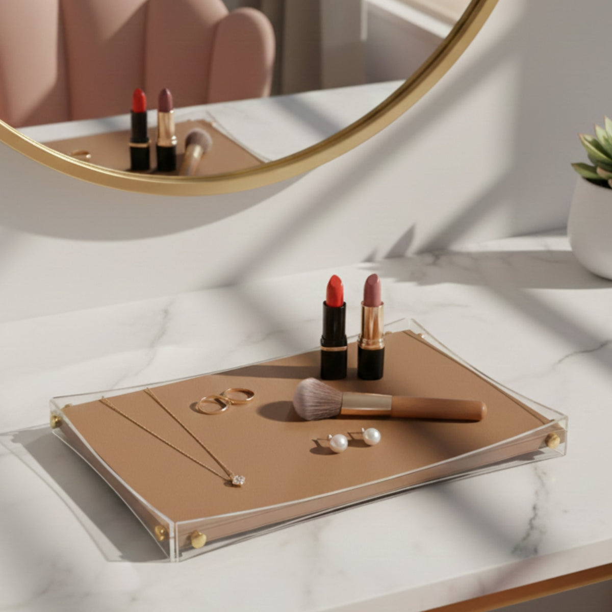 Premium Brown & Gold Serving Leather Tray - Medium